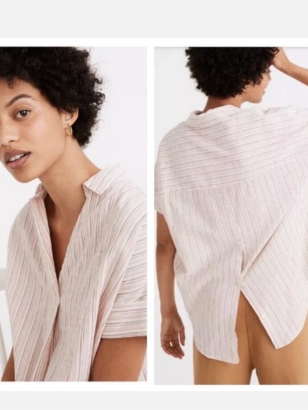 Madewell Courier Pink Striped V-Neck Short Sleeve Button Back Blouse XS